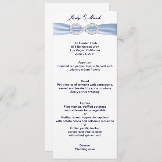 Carte de menu Mariage Blue Diamond Infinity (Devant / Derrière)