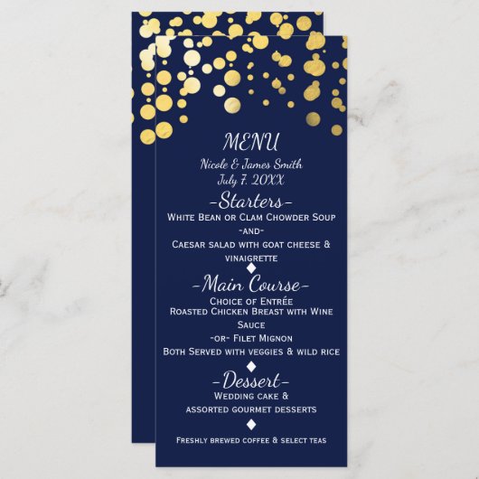 Carte de menu Mariage Blue & Faux Gold (Devant / Derrière)