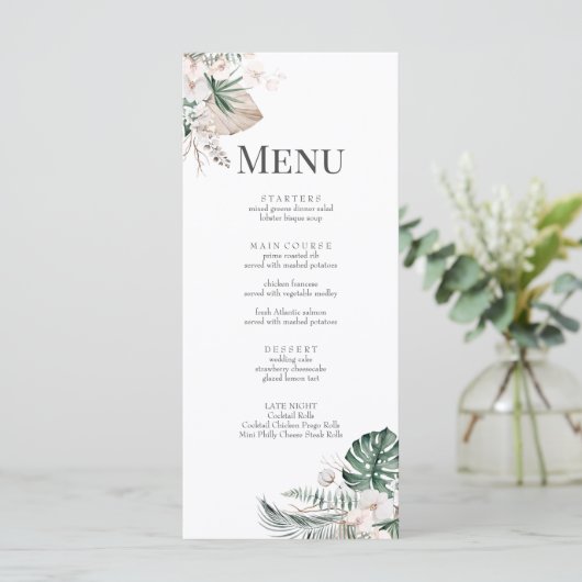 Carte de menu Mariage Boho Tropical Orchid & Monst (Debout devant)