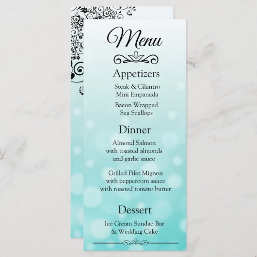 Carte de menu Mariage Bokeh Turquoise décorative (Devant / Derrière)