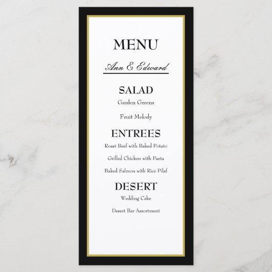 Carte de menu Mariage Bordure d'or noir (Devant)