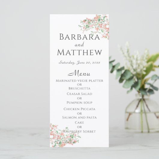 Carte de menu Mariage Botanique Rose et Boho Vert (Debout devant)