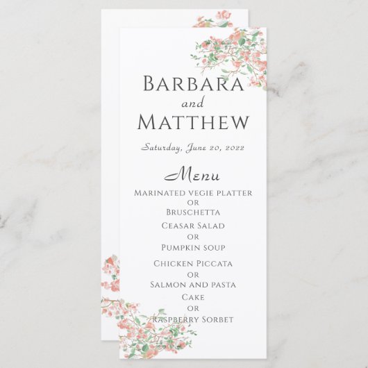 Carte de menu Mariage Botanique Rose et Boho Vert (Devant / Derrière)