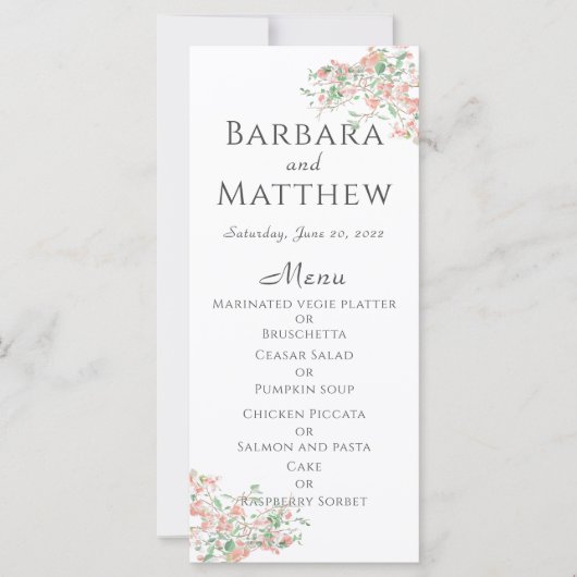 Carte de menu Mariage Botanique Rose et Boho Vert (Devant)