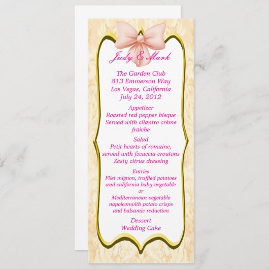 Carte de menu Mariage Bow rose (Devant / Derrière)