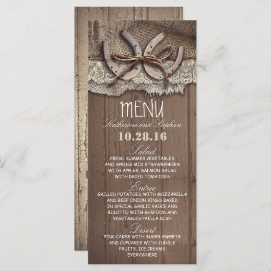 carte de menu mariage campagnard rustique (Devant / Derrière)