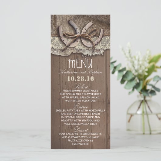 carte de menu mariage campagnard rustique (Debout devant)