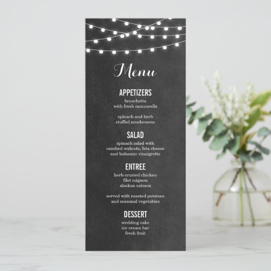 Carte de menu Mariage Charcoal String Lights (Debout devant)