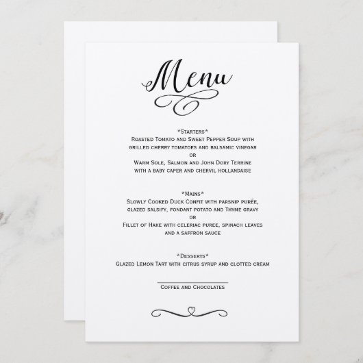 CARTE DE MENU MARIAGE CLASSIQUE (Devant / Derrière)