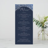 Carte de menu Mariage classique bleu damassé orang (Debout devant)
