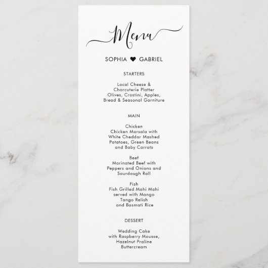 Carte de menu Mariage Coeur de typographie minimal (Devant)