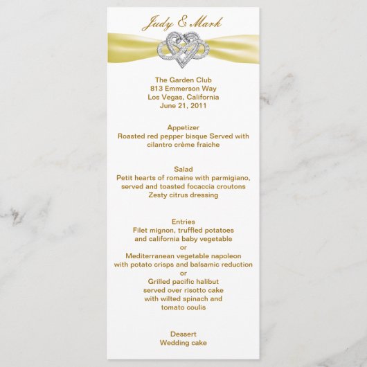 Carte de menu Mariage Coeur Infinité Jaune (Devant)