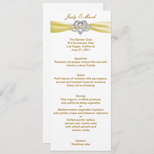 Carte de menu Mariage Coeur Infinité Jaune (Devant / Derrière)