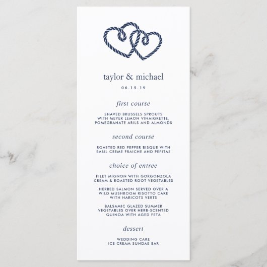 Carte de menu Mariage Coeurs noués (Devant)