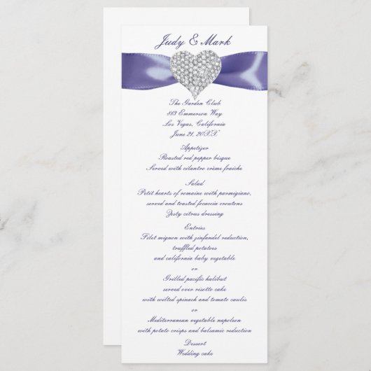 Carte de menu Mariage couleur bleu violet (Devant / Derrière)