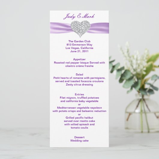 Carte de menu Mariage couleur carreau pourpre (Debout devant)