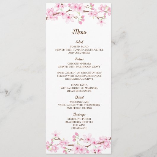Carte de menu Mariage couleur d'aquarelle Cherry B (Devant)