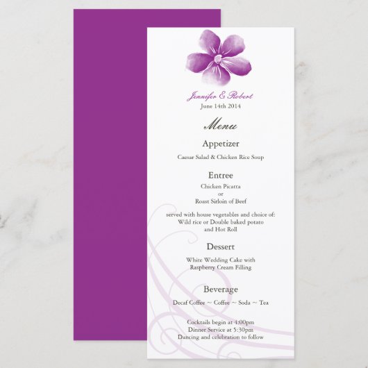 Carte de menu Mariage couleur pourpre (Devant / Derrière)