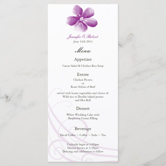 Carte de menu Mariage couleur pourpre (Devant)