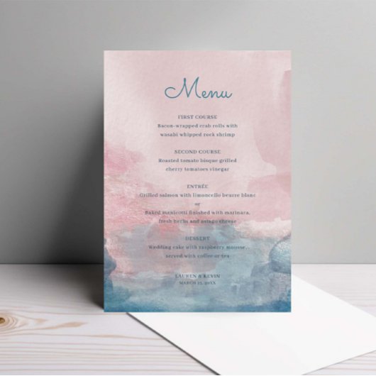 Carte de menu Mariage couleur rose et bleu Aquarel