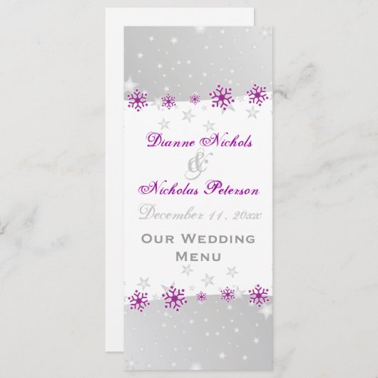 Carte de menu mariage couleur violet gris argenté (Devant / Derrière)
