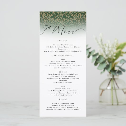 Carte de menu Mariage damassé verte (Debout devant)