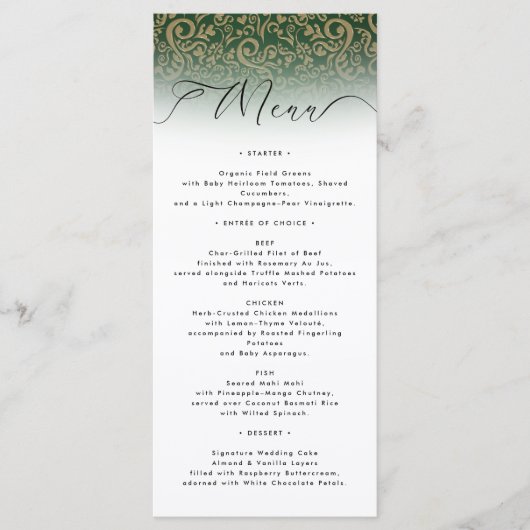 Carte de menu Mariage damassé verte (Devant)
