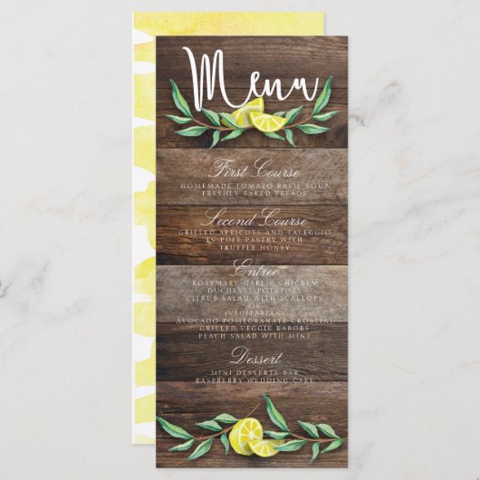 CARTE DE MENU | Mariage d'aquarelle de citron de b (Devant / Derrière)