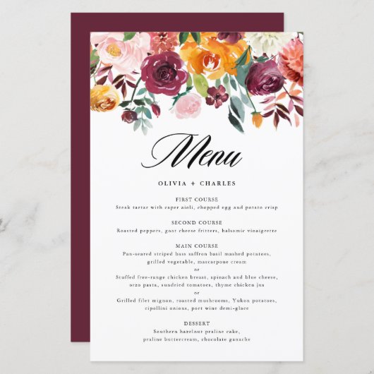 Carte de menu Mariage de automne Floral Automne (Devant / Derrière)