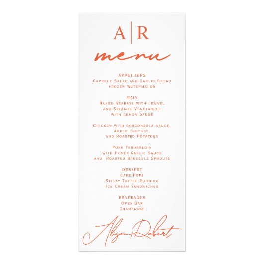 Carte de menu mariage de automne Orange script cal (Devant)