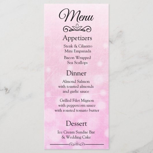 Carte de menu Mariage de Bokeh Rose élégant (Devant)