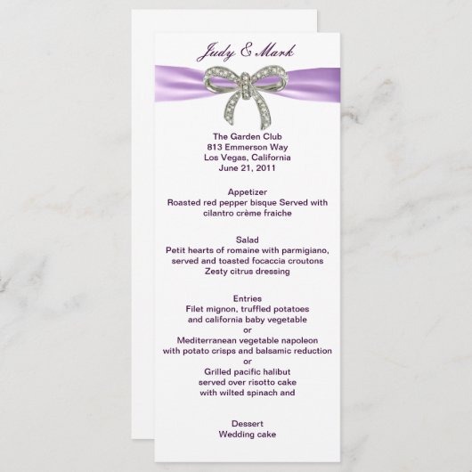 Carte de menu Mariage de Bow Diamond Violet (Devant / Derrière)