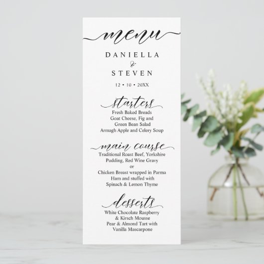 Carte de menu Mariage de calligraphie de script cl (Debout devant)
