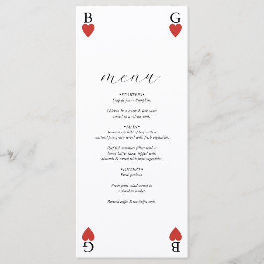 Carte de menu Mariage de carte de lecture de coeur (Devant)