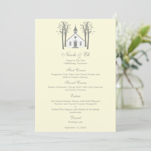 Carte de menu Mariage de chapelle Whimsical (Debout devant)