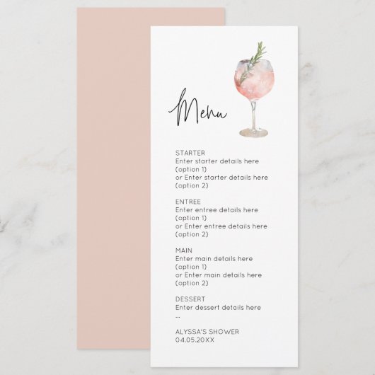 Carte de menu Mariage de cocktail Pink Watercolor (Devant / Derrière)