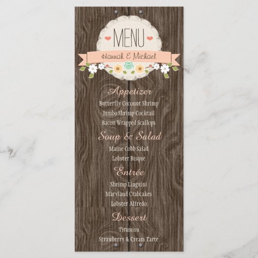 Carte de menu Mariage de Coral Peach Rustic Floral (Devant)