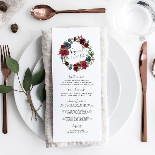 Carte de menu Mariage de courroie en fleurs rayant