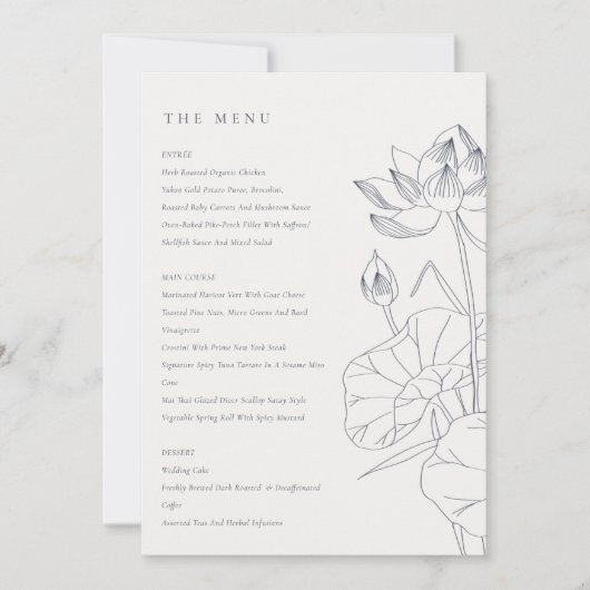 Carte de menu Mariage de croquis floraux Nénuphar  (Devant)