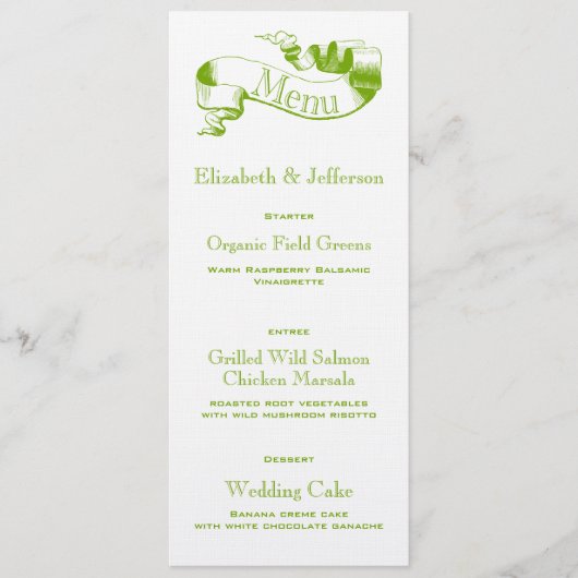 Carte de menu Mariage de défilement vert printemps (Devant)