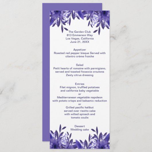 Carte de menu Mariage de feuillage bleu violet (Devant / Derrière)