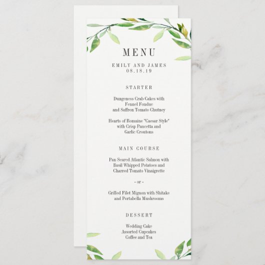 Carte de menu Mariage de feuillage vert (Devant / Derrière)