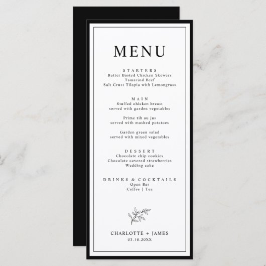 Carte de menu Mariage de feuille frontière minimal (Devant / Derrière)