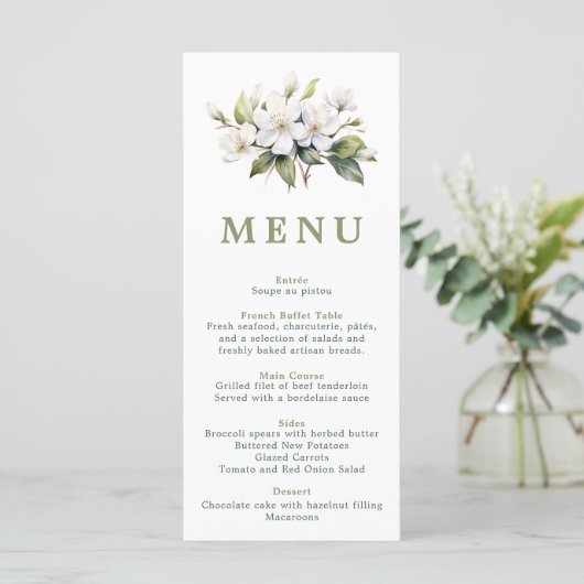 Carte de menu Mariage de fleurs blanches (Debout devant)