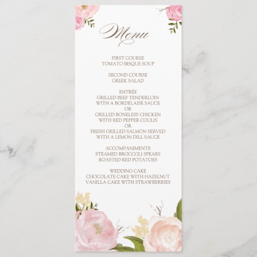 Carte de menu Mariage de fleurs d'aquarelle romant (Devant)