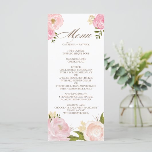 Carte de menu Mariage de fleurs d'aquarelle rose r (Debout devant)