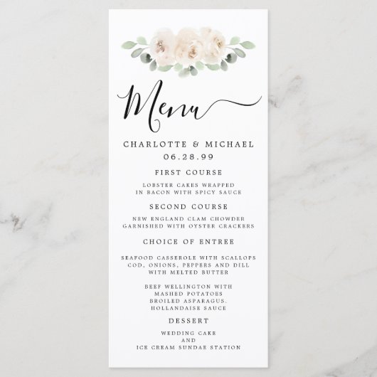 Carte de menu Mariage de fleurs de rose blanche (Devant)