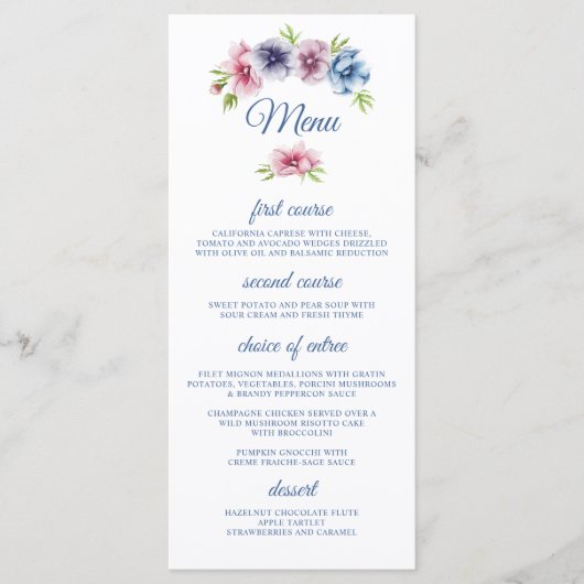 Carte de menu Mariage de l'anémone d'aquarelle (Devant)