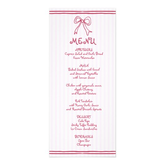 Carte de menu mariage de l'arc de griffes rose et  (Devant)