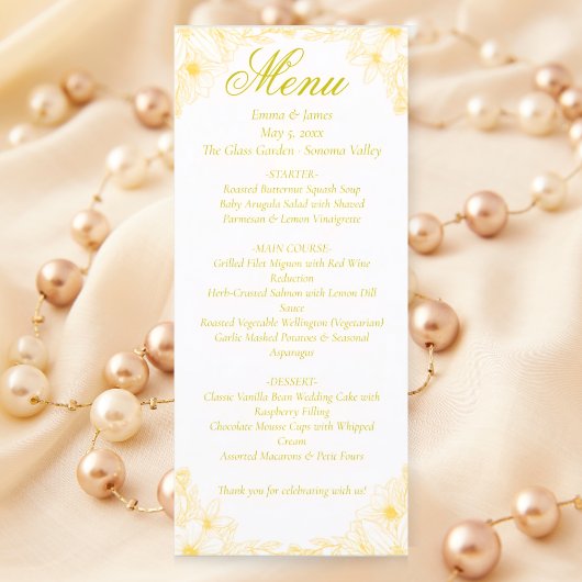 Carte de menu Mariage de luxe Gold Floral